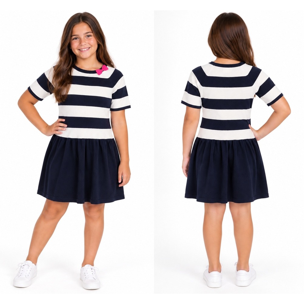 Lilly Pulitzer Girls Navy White Striped Cotton Sweater Dress Pink Bow XL 12-14